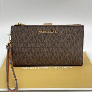 Michael Kors Large Double Zip Wallet Wristlet Leather Rich Brown